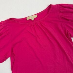 LOFT Womens Pink Cotton Puff Sleeve Pleated Scoop Neck Knit Top Size M Shirt